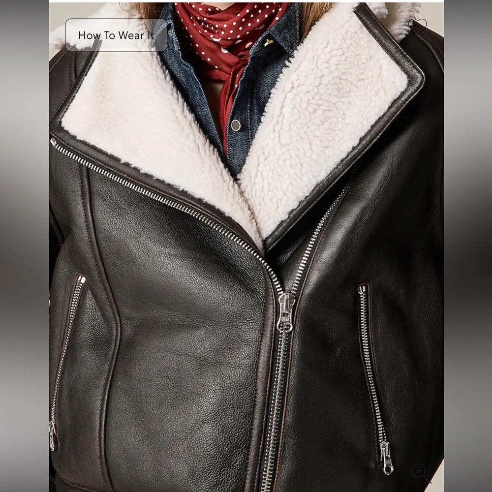 J. Crew Collection Black Leather Shearling Moto‎ Zip Up Jacket XL